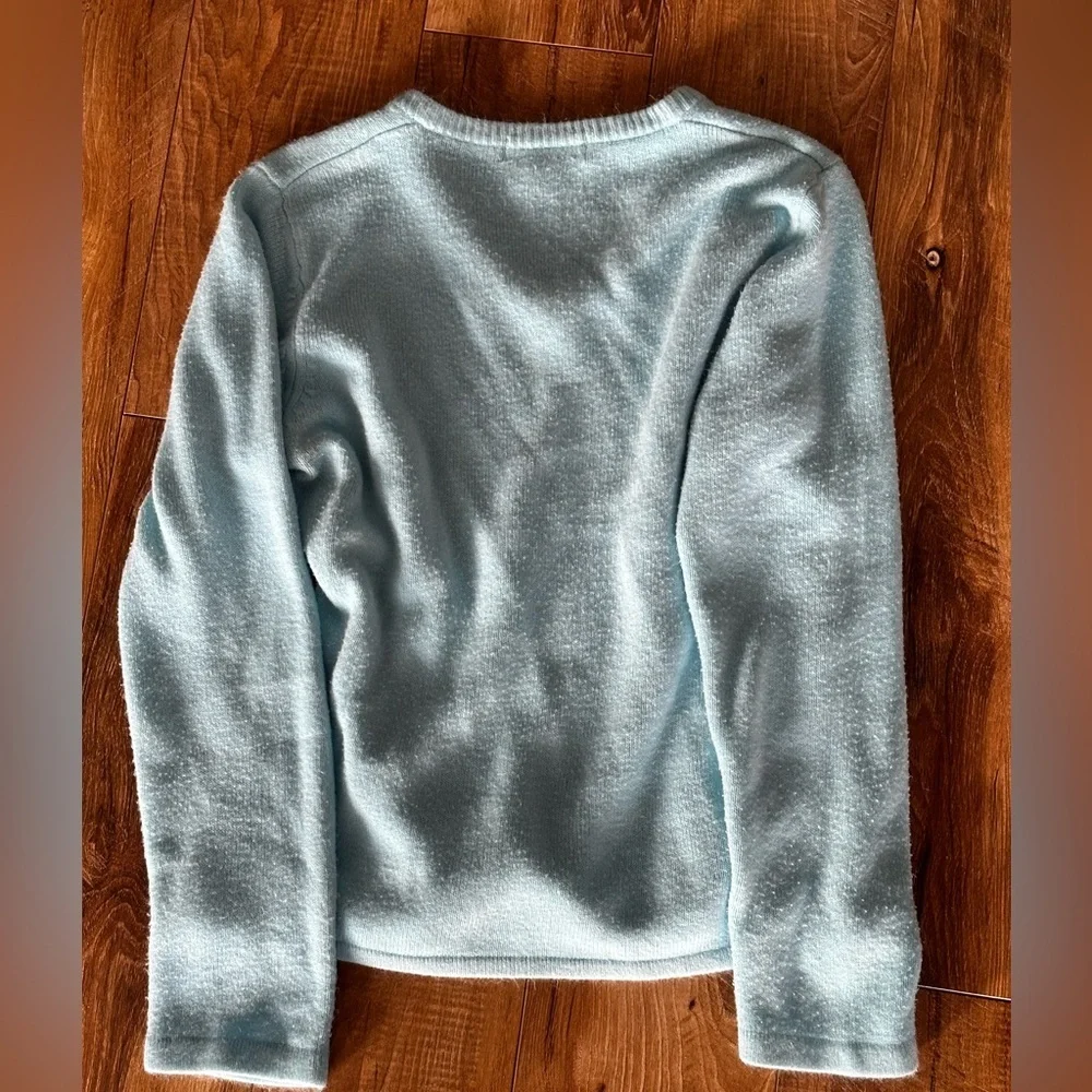 Blue V-Neck Sweater with Embellished Neckline - Picture 3 of 3